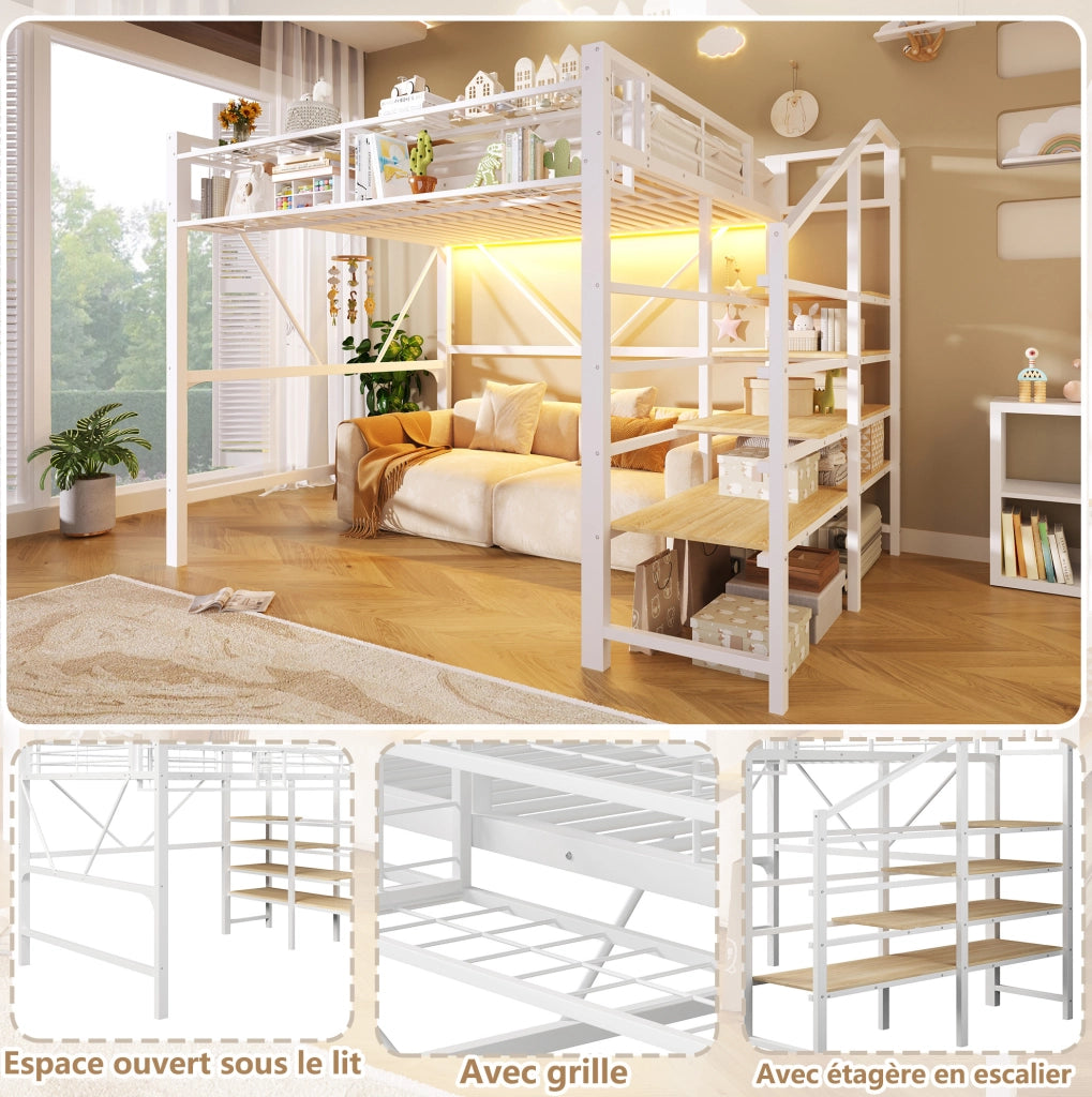 Letto a soppalco ULEVR 140x200 cm con LED, scaletta con ripiani e cestino contenitore, bianco