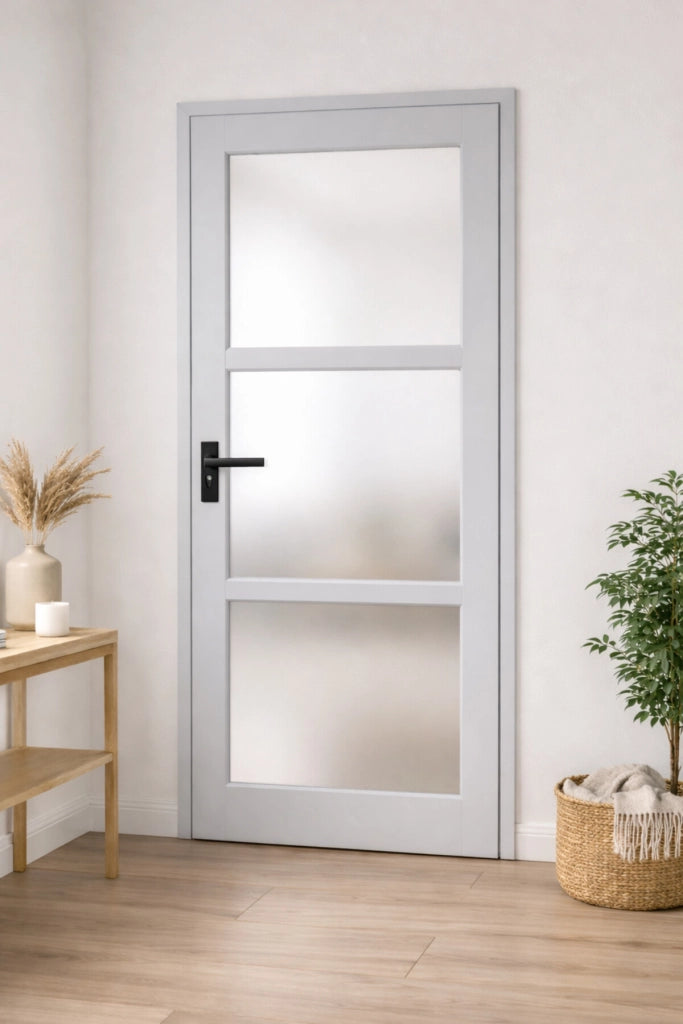 Blocco porta in vetro Greyria RAL7035 H204 x L83 Pannello Nervature spingendo a destra + Maniglia