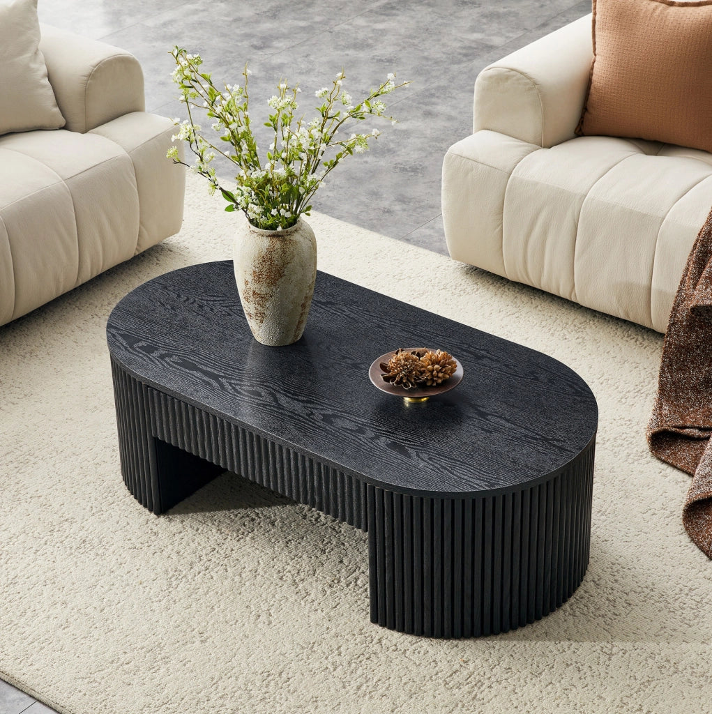 Tavolino da caffè ovale 118x65x17 cm con cassetto estraibile e scanalature verticali in MDF nero