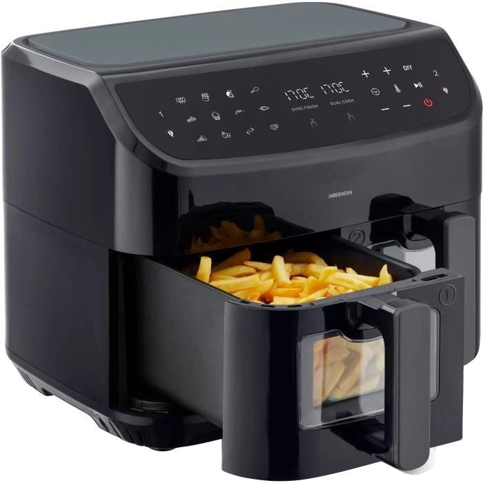 Friggitrice ad Aria Calda - MEDION - P20 XXL Twin - 2600 W - 2 cestelli - 9 programmi - Nera