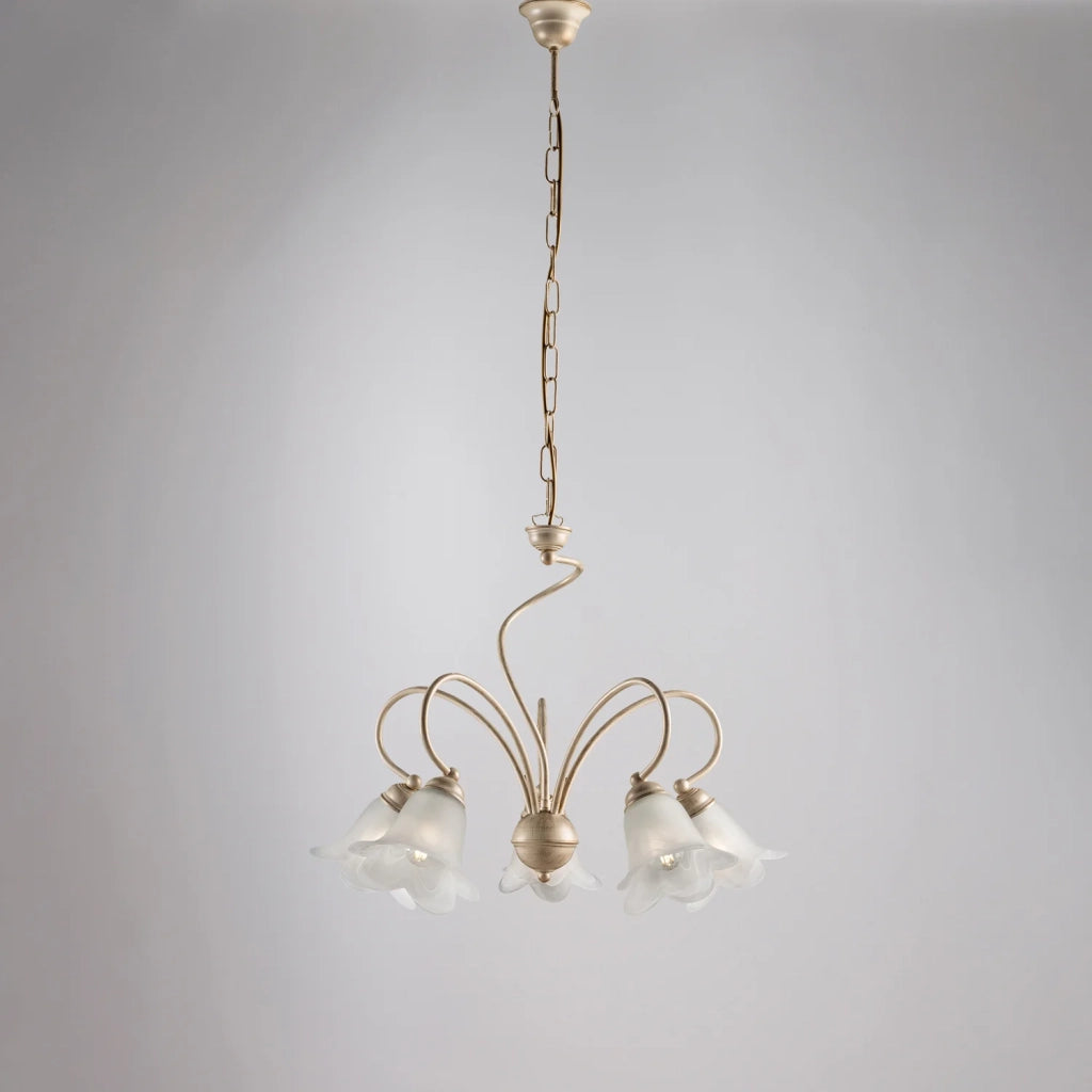 Lampadario 5 Luci Alice Ferro Battuto Avorio E Oro Vetro Bianco