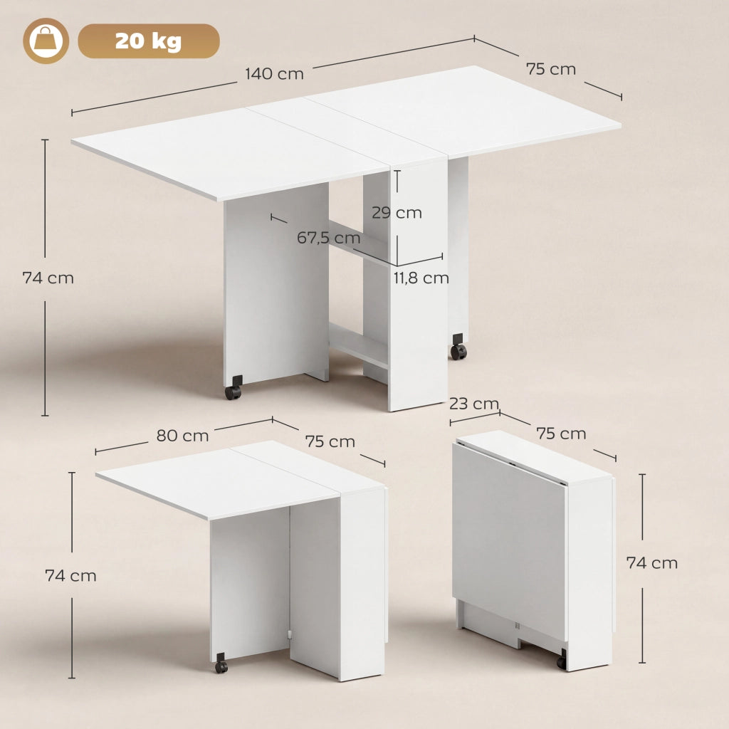 Tavolo da pranzo allungabile pieghevole con ruote ¨C zephmum ¨C bianco 75x140x74 cm