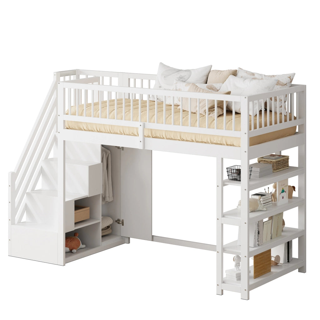 Letto a soppalco multifunzione 90x200 cm con armadio; ripiani e scala di sicurezza; bianco