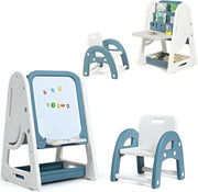 Set 2 in 1 Cavalletto per Bambini, Lavagna Magnetica Multifunzione Bifacciale, Libreria Bambini Altezza Regolabile, con Sedia e Accessori (Blu)