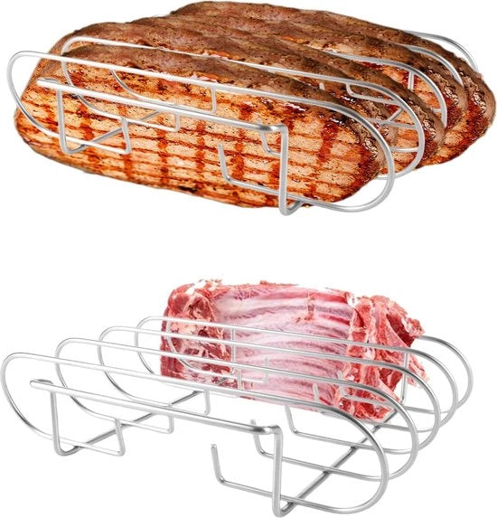 Due supporti per spareribs, grillopzetstuk per la preparazione di 4 ribben e brad, manico per spareribs in acciaio inox argentato per griglia a carbone o barbecue a gas - 29 x 27 x 7,5 cm
