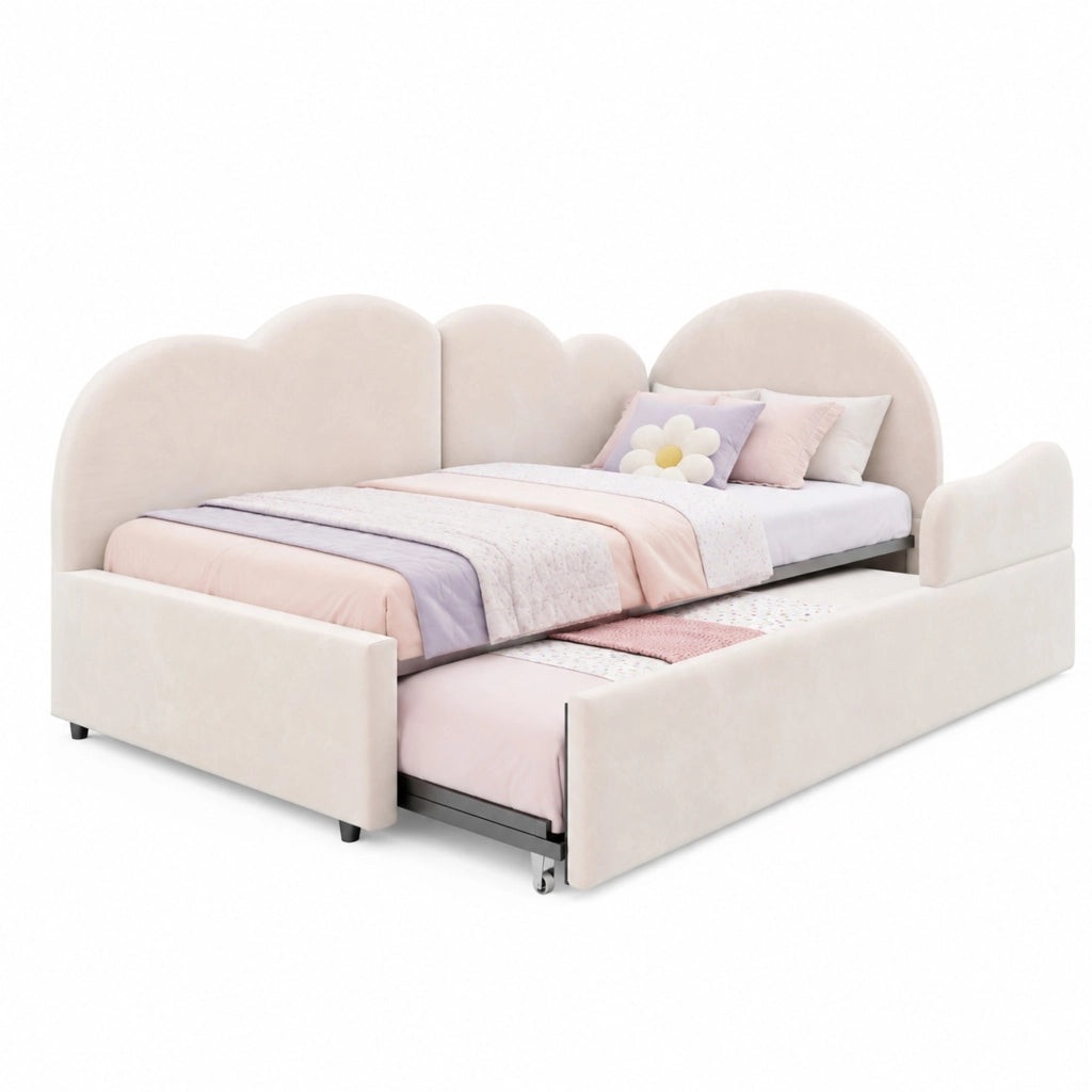 Divano letto angolare estraibile 90x200 cm in velluto beige; con testiera a nuvola