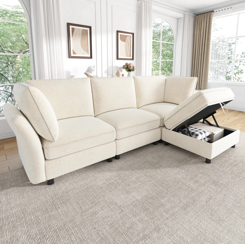 Divano modulare a L con pouf contenitore, 4-5 posti, tessuto chenille, beige