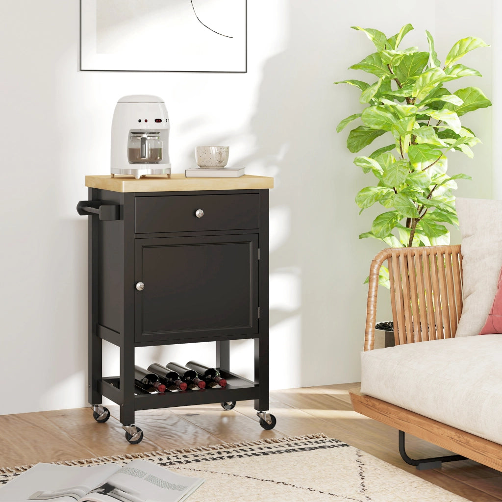 Tavolino da cucina con ruote ¨C zephmum ¨C legno, 1 cassetto, nero, 63.5x40x90cm