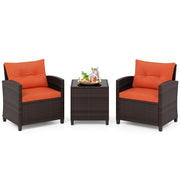 Set di 3 mobili da patio con 4 cuscini rimovibili, Set di 2 sedie e 1 tavolino in rattan con piano in vetro Arancione