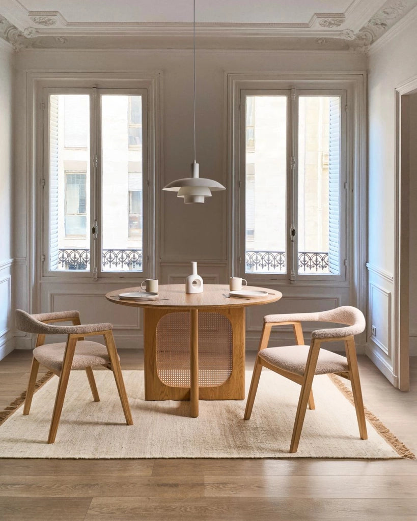 Set di 2 sedie da pranzo Marrone chiaro Seduta imbottita Schienale Boucle Poliestere Gomma Struttura in legno Stile retrò Sala da pranzo