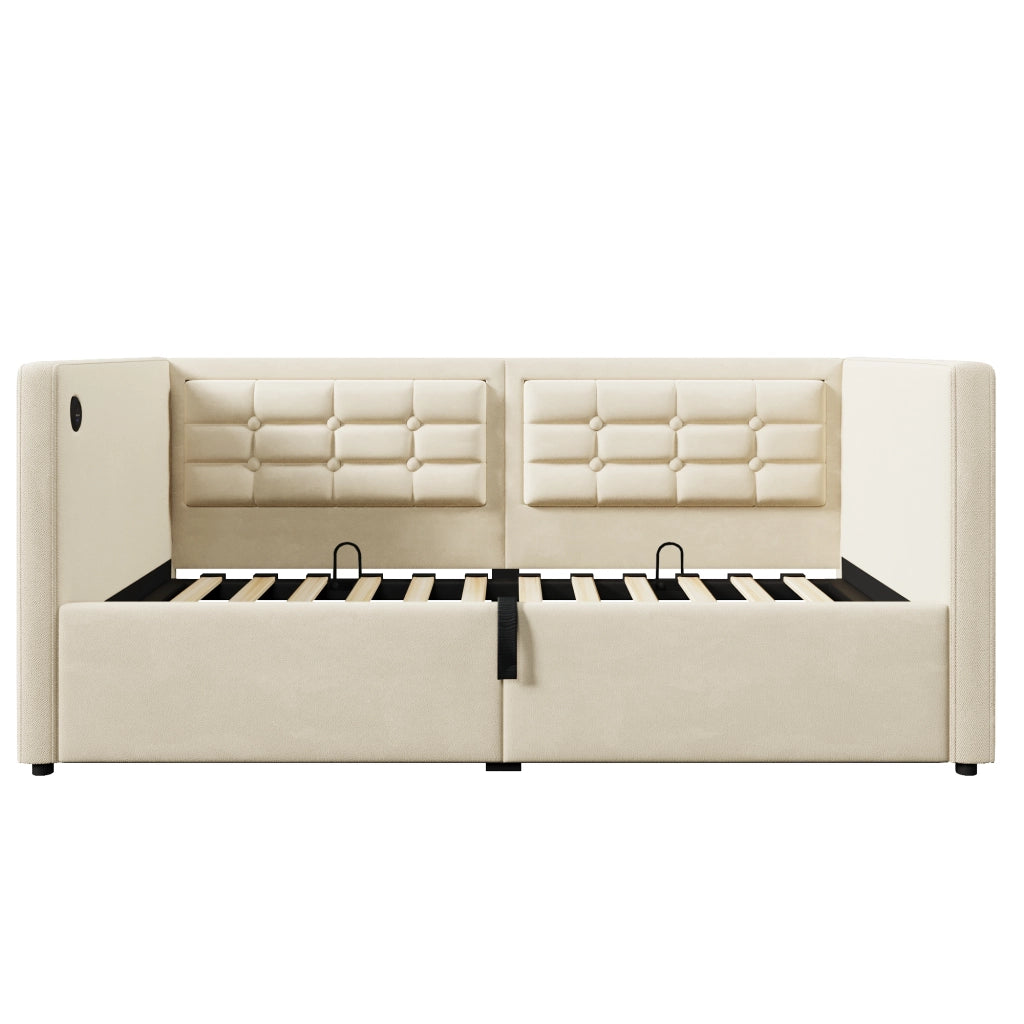 Divano letto imbottito 90x200 cm in velluto beige con contenitore idraulico e porta USB/Type-C