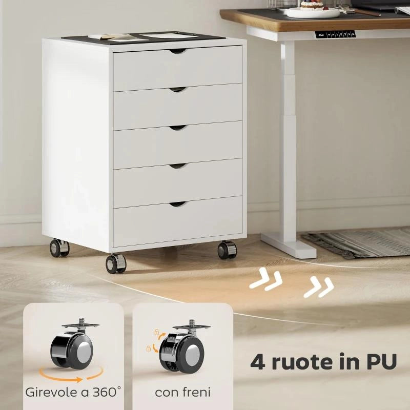 CASSETTIERA DA UFFICIO CON 5 CASSETTI PER DOCUMENTI A3, RUOTE E BLOCCO, 50X40X67.5 CM, BIANCO