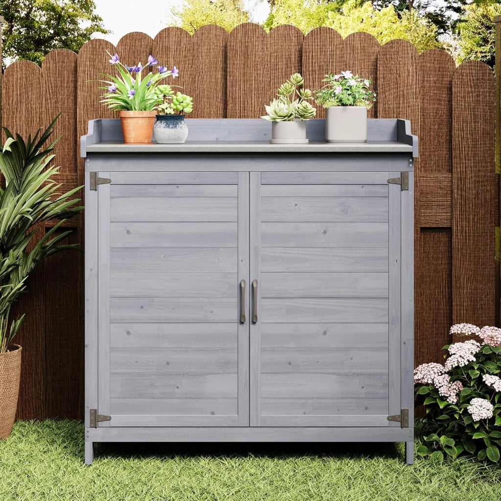 Tavolo da Esterno per Piante, Tavolo da Giardino con Piano di Lavoro Impermeabile, Tavolo da Lavoro in Legno con 1 Ripiano Regolabile, 48x98x95 cm. (Grigio)