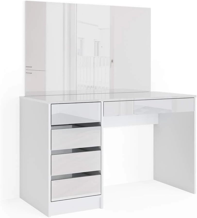 Tavolo da toeletta Sherry, Bianco, 120 cm, con specchio rettangolare per l’uso quotidiano