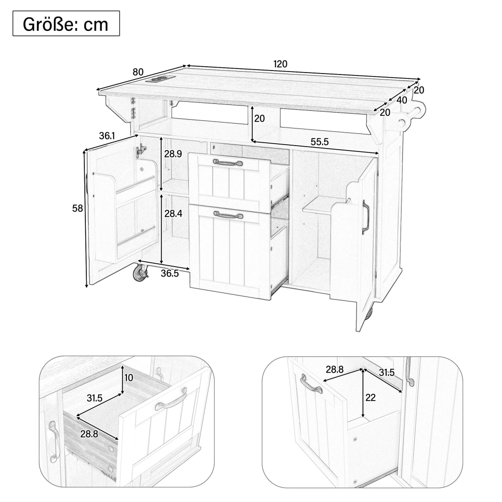 Carrello da Cucina con 2 Ante; 2 Cassetti; Piano Pieghevole; Prese e Portasciugamani; in MDF; Bianco e Naturale