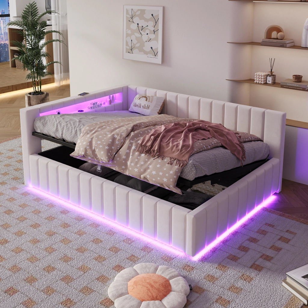 Letto Contenitore 140x200 cm; con LED e USB; in Velluto Beige; con Testiera e Schienale