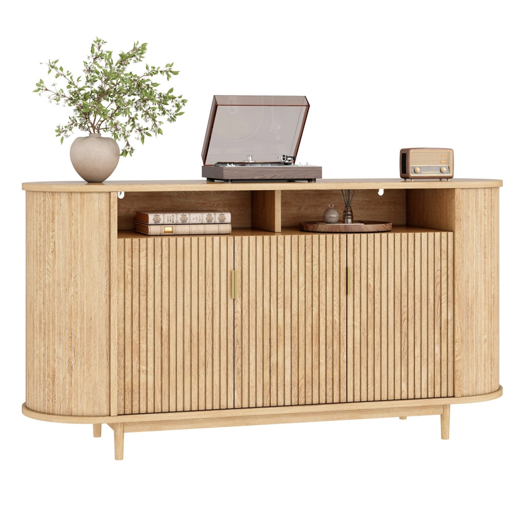 Sideboard moderno a 3 ante con struttura a linee verticali; 140 cm; in MDF e truciolare; naturale
