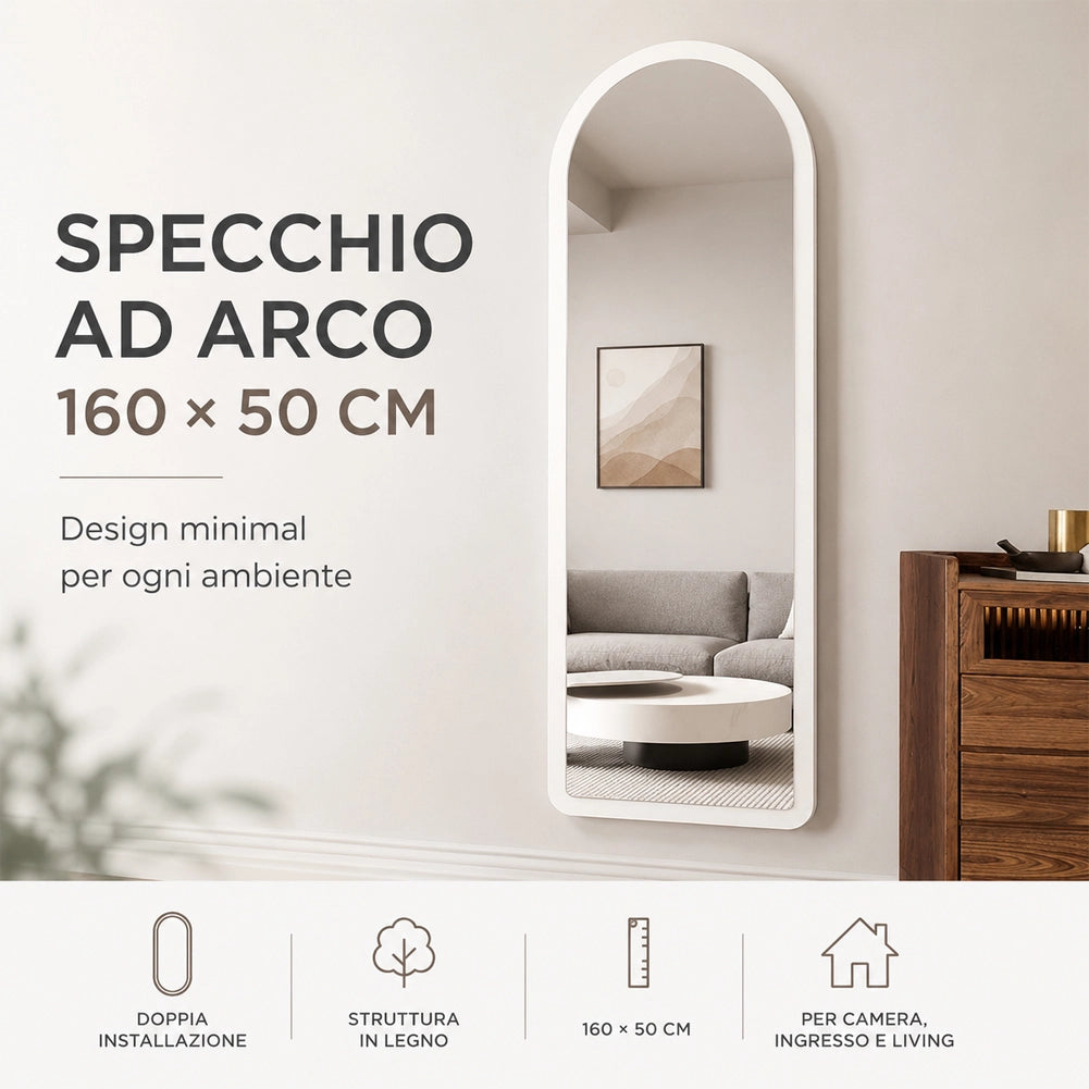 Specchio Arco Doppia Installazione Bianco Parete o Indipendente Moderno 160x50cm