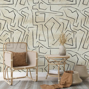 Carta da Parati Beige Graffiti con Strisce Nere Astratta Carta Vegana 250x200cm 5,5mq 
