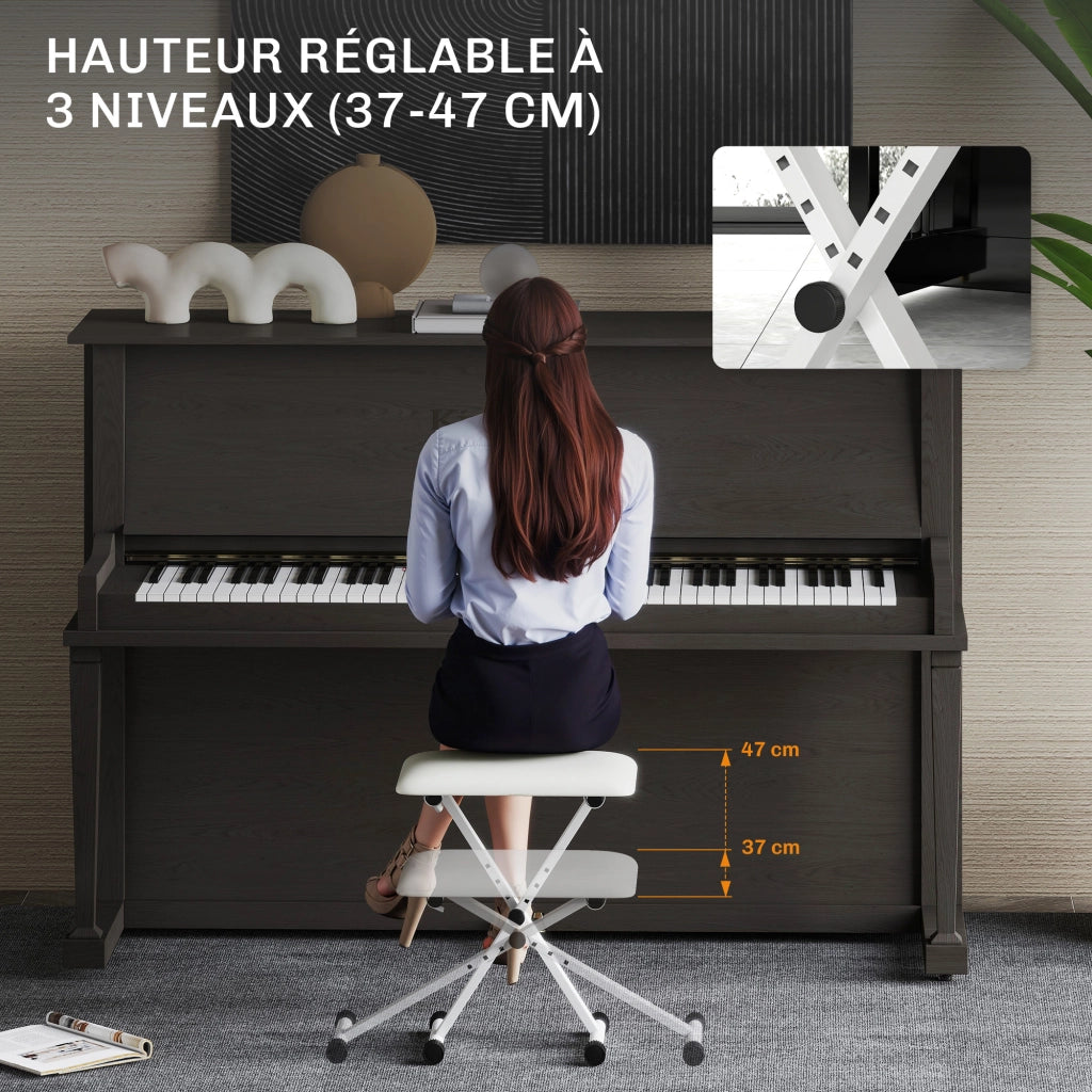 Sgabello da piano regolabile in altezza ¨C zephmum ¨C imbottito in PU, 39x29x37-47 cm, bianco