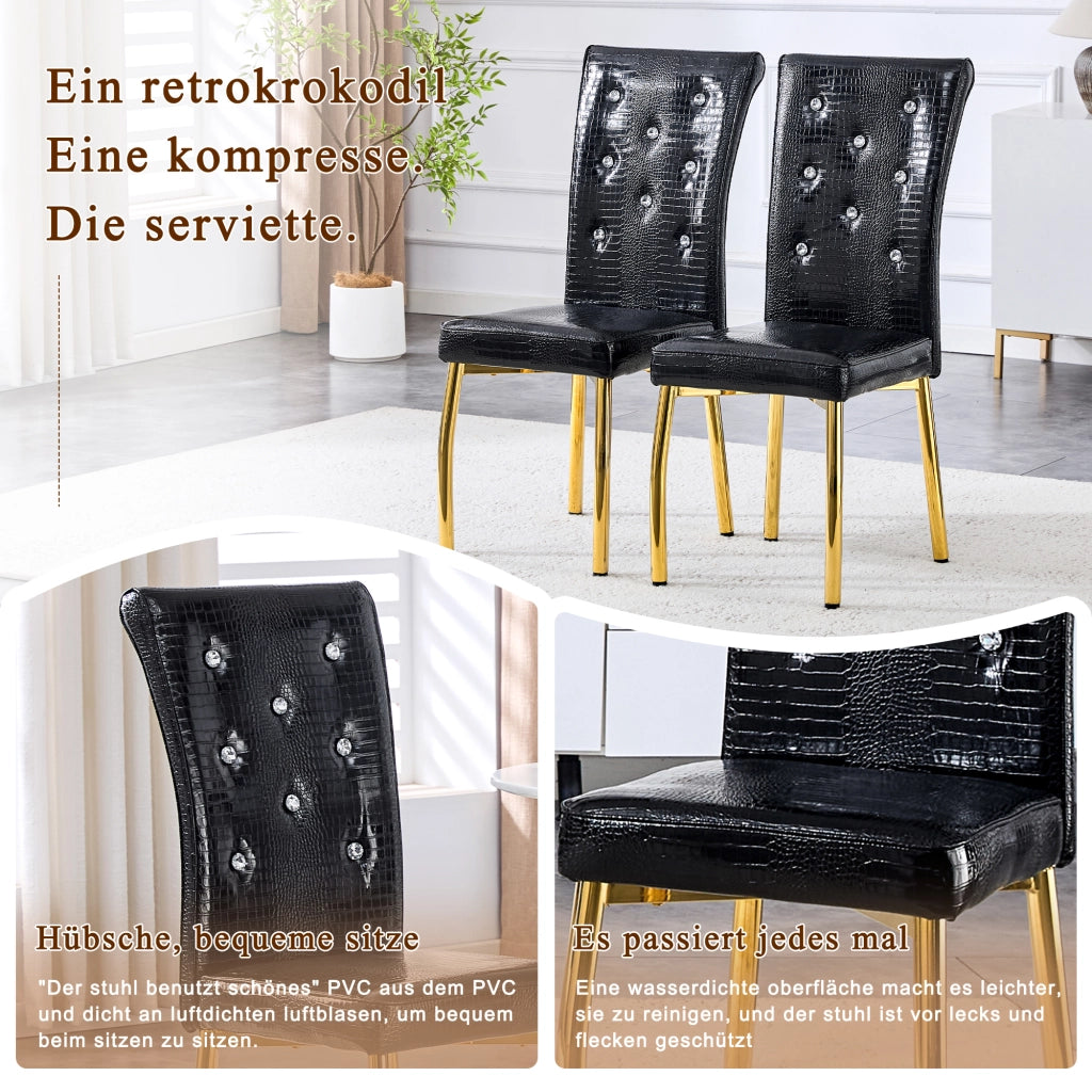 Set di 2 sedie da pranzo con design effetto coccodrillo e dettagli in cristallo in PVC nero e oro