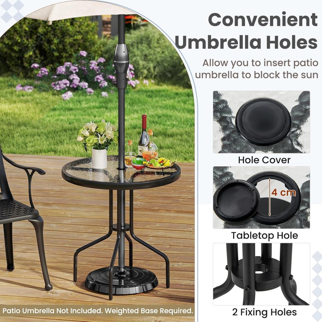 Tavolo da giardino in vetro temperato, tavolo da pranzo con foro per ombrellone, 4 cm, tavolino rotondo con telaio in metallo, per balcone, terreza, diametro 70 cm