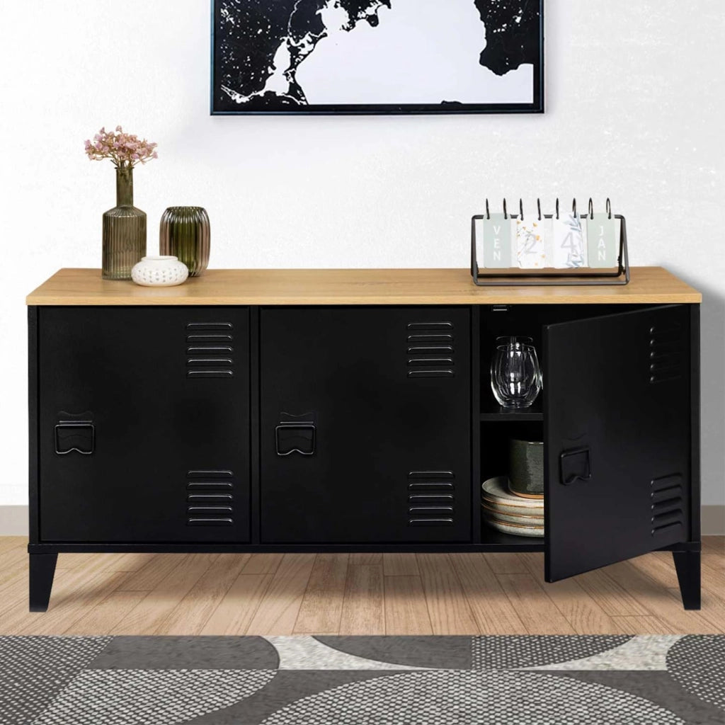 IDMarket - Credenza bassa a 3 ante, metal nero, vassoio in legno, design industriale ESTER