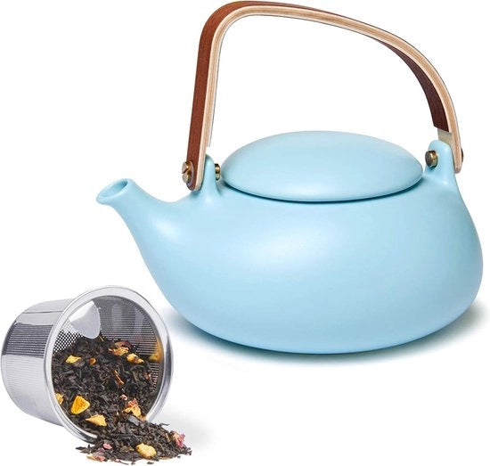 Teiera in ceramica con filtro, maniglia in legno, 800 ml, piccola teiera blu per regalo per tè in bustina