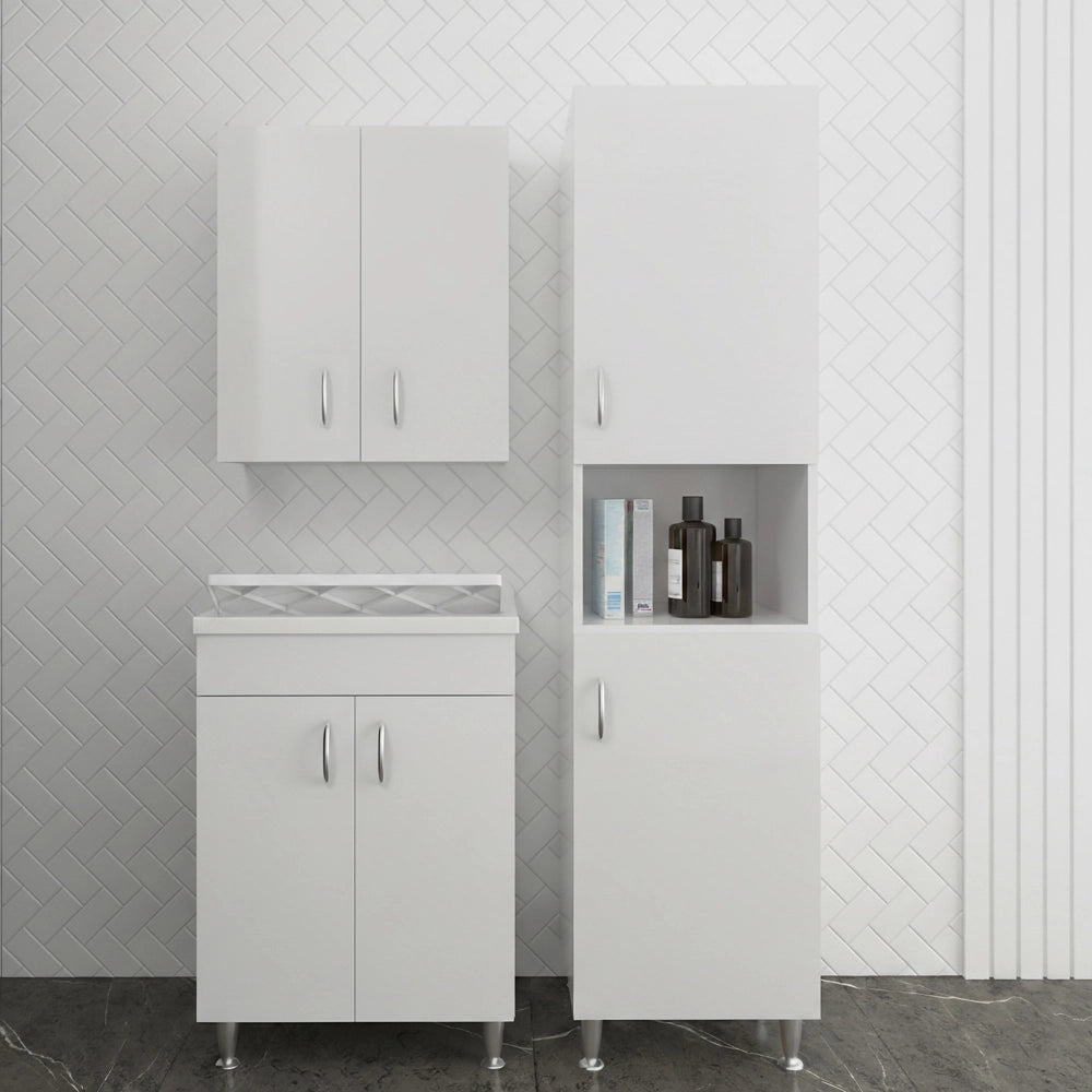 Set lavanderia con lavatoio colonna e pensile in legno bianco Fedra