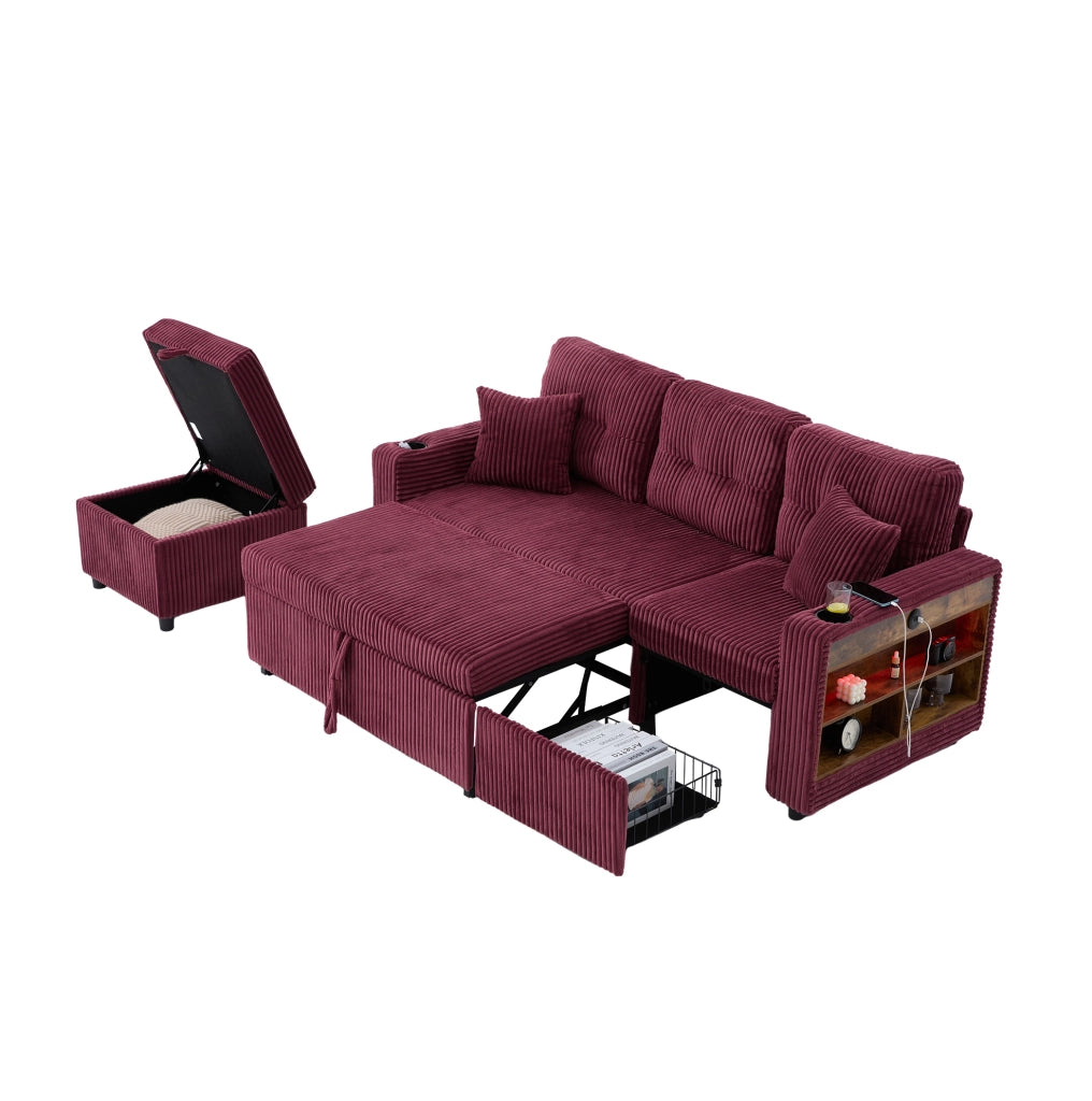 Divano letto 196x82-144x85 cm con contenitore; USB-C; LED e braccioli con portabicchieri in corduroy vinaccia