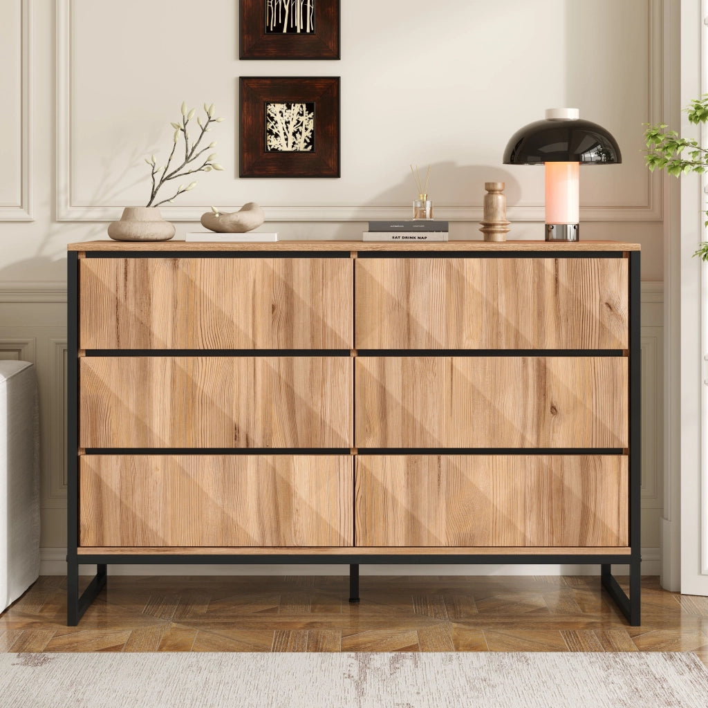 Credenza moderna 120x40x80 cm con 6 cassetti; nero e legno naturale