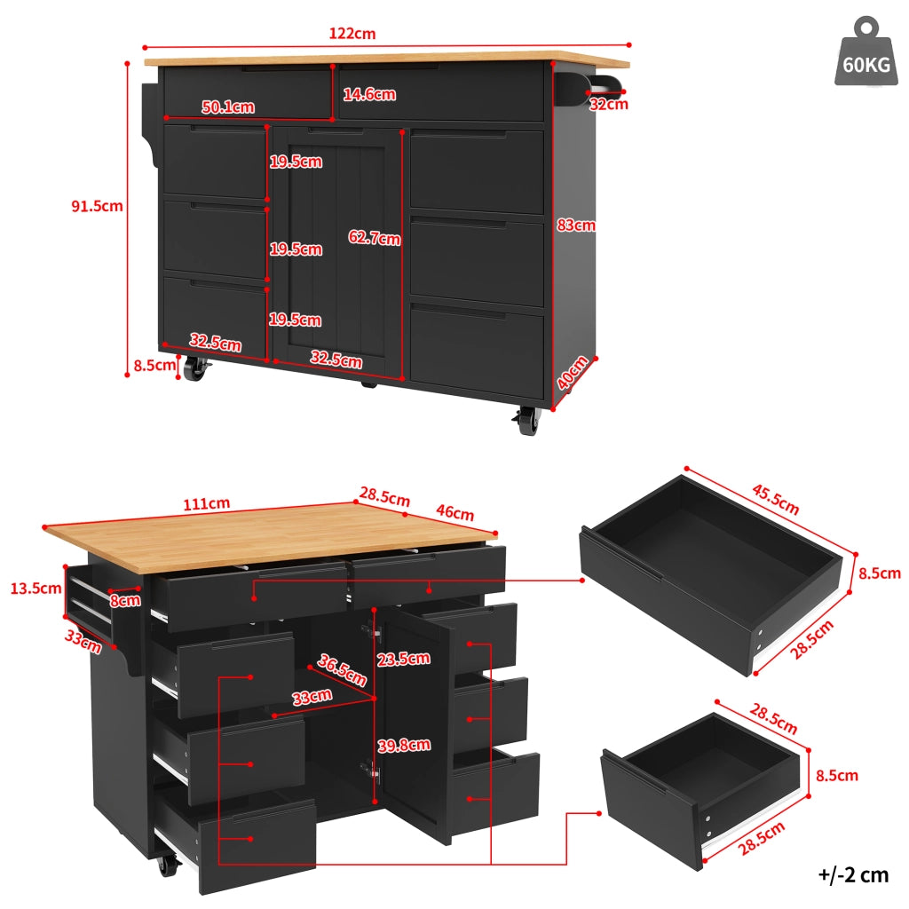 OKWISH Carrello da Cucina con 8 Cassetti, 1 Anta, Ripiano Regolabile, Piano Pieghevole e Ruote, MDF, Nero, 122 x 46 x 91.5 cm
