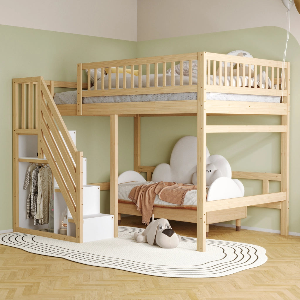 Letto in legno massello naturale con scala e vano contenitore altezza parapetto 140x200 cm