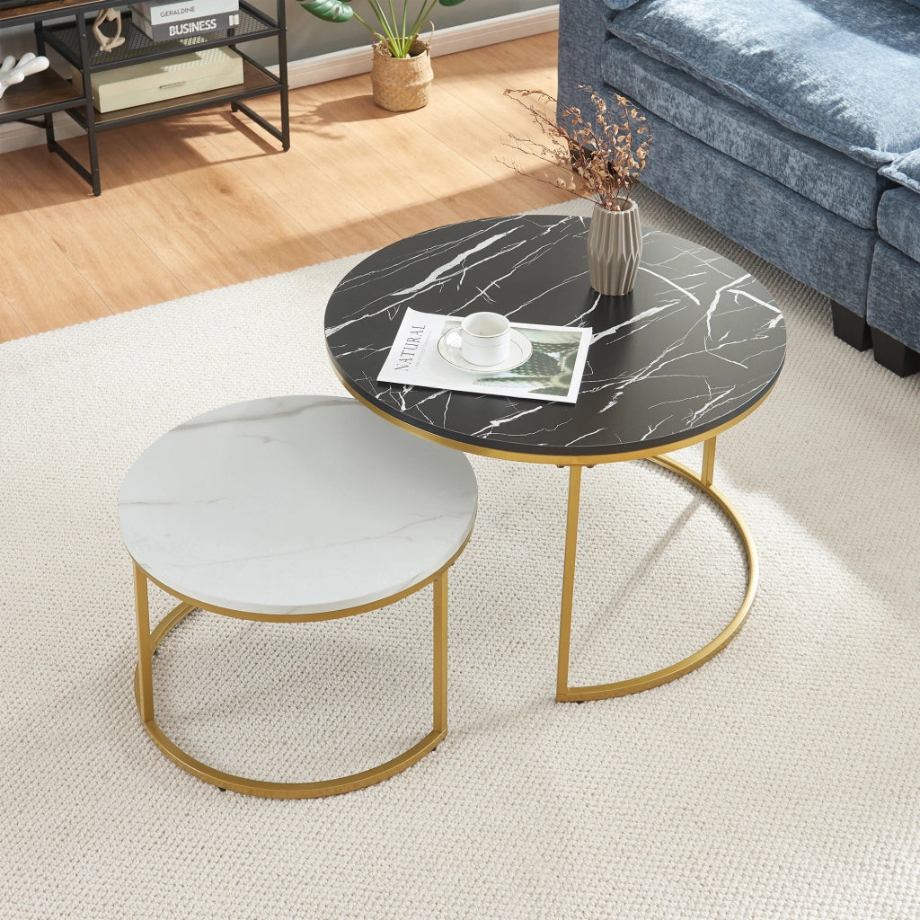 Set Christchurch 2 Tavolini Sovrapponbili con Piani Rotondi - Effetto Marmo Nero e Bianco / Oro [en.casa]