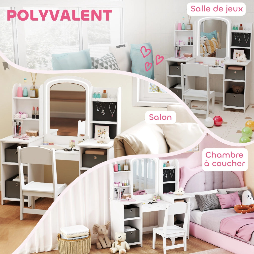 Tavolo da trucco bambini con sgabello e specchio LED ¨C zephmum ¨C 104x40x112 bianco
