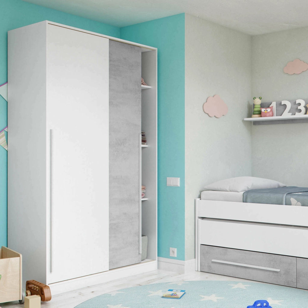 Guardaroba Aristode, Armadio per camera da letto a 2 ante scorrevoli, Mobile con barra appendiabiti e 3 ripiani, cm 120x50h200, Cemento e Bianco