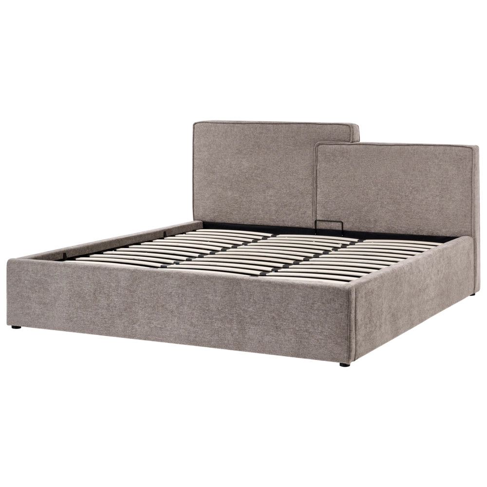Letto contenitore rivestito in tessuto grigio marrone 180 x 200 cm testiera asimmetrica a gradini in stile scandinavo