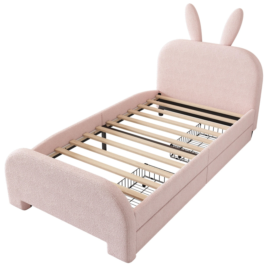 Letto 90x200 cm con 2 cassetti; testiera a coniglio; MDF e tessuto peluche rosa