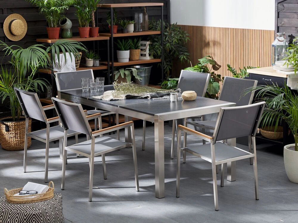 Set da Giardino Tavolo Piano Basalto Fiammato 6 Sedie Grigie 180 x 90 cm