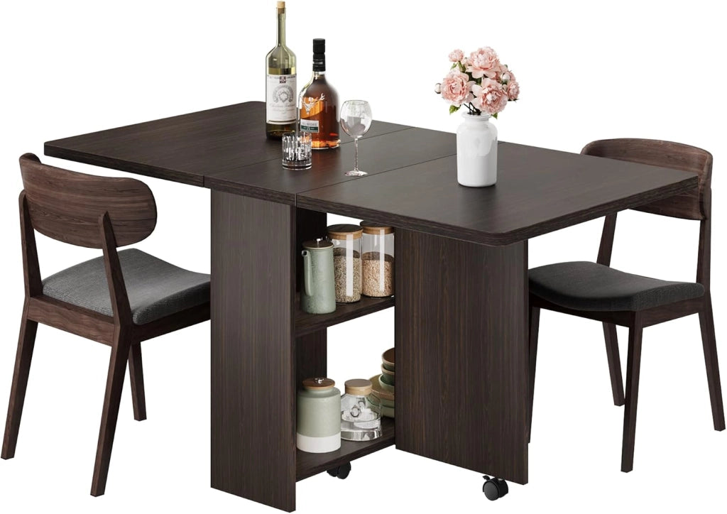 Tavolo da Pranzo Pieghevole ed Estensibile 130 cm con 6 Ruote e Ripiani Noce Scuro