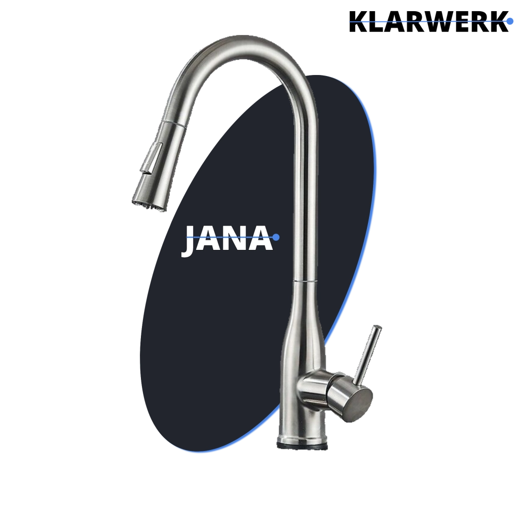 JANA | Rubinetto da cucina estensibile Premium in acciaio inox argento spazzolato | Rubinetto miscelatore ad alta pressione girevole a 360° 2 attacchi