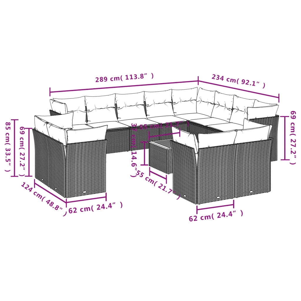 Set Divano da Giardino 13 pz con Cuscini Beige in Polyrattan