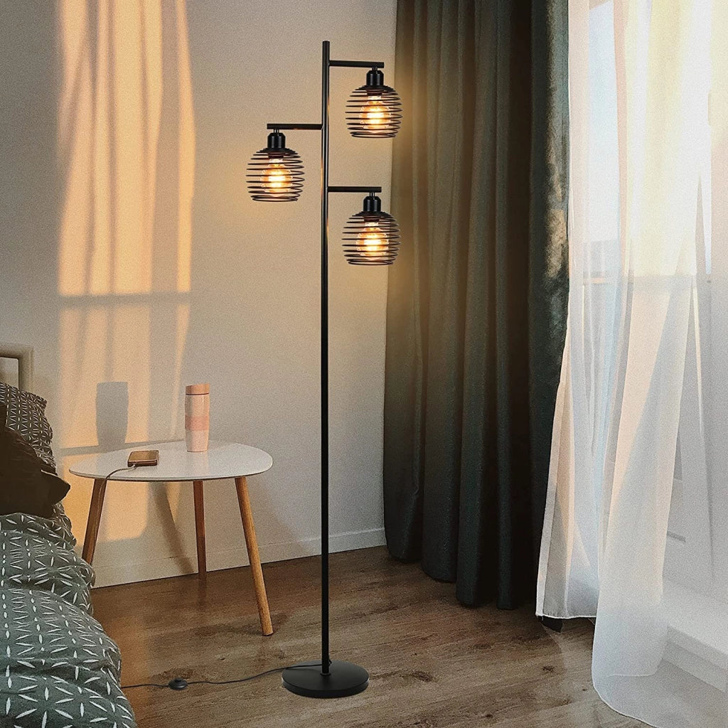 ZMH Lampada da terra vintage E27 nera tre luci interruttore a pedale soggiorno camera senza lampadine