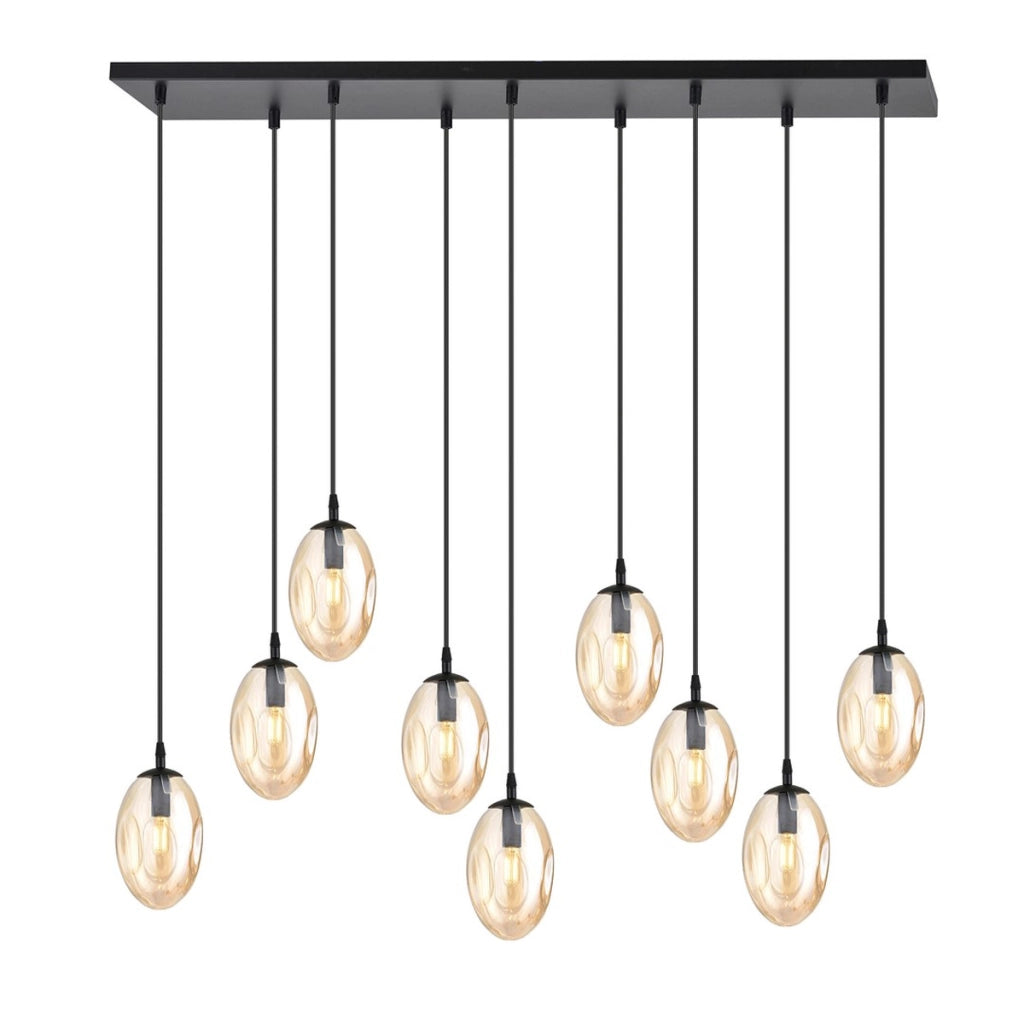 Lampada a sospensione Astral con nove diffusori in vetro ambra