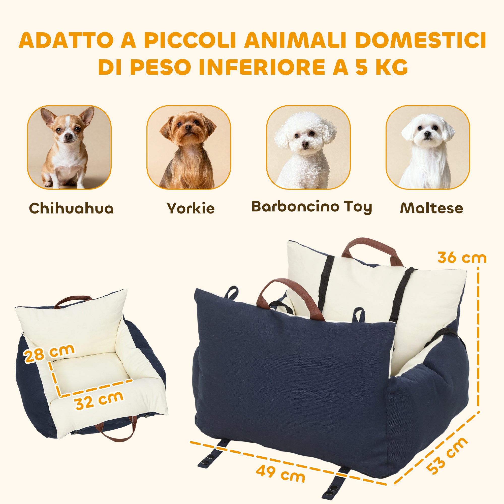 Seggiolino Auto per Cani Piccoli con Guinzaglio di Sicurezza Sfoderabile e Lavabile in Cotone e PP Blu