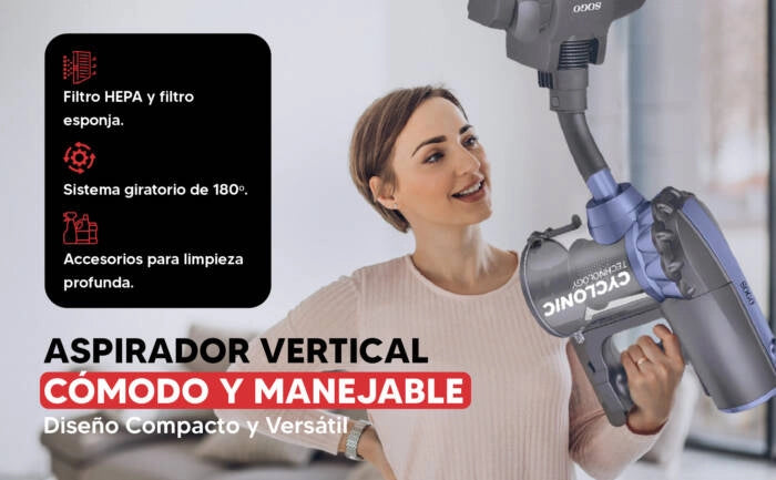 Aspirapolvere verticale con filo senza sacco, potenza 600W ciclone con filtro HEPA, per pulizia pavimenti e tappeti - Sogo