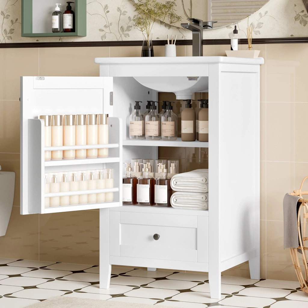 Mobile sottolavabo con lavandino in ceramica, 1 anta, 1 cassetto e ripiano regolabile, per bagno, bianco, 51 × 46 × 85 cm