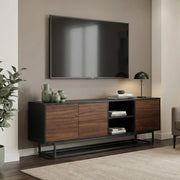 Armadietto Boxholm Credenza Bassa con 3 Ante Push-Open e 2 Vani Aperti 160x30x57 cm Nero / Effetto Noce [en.casa]