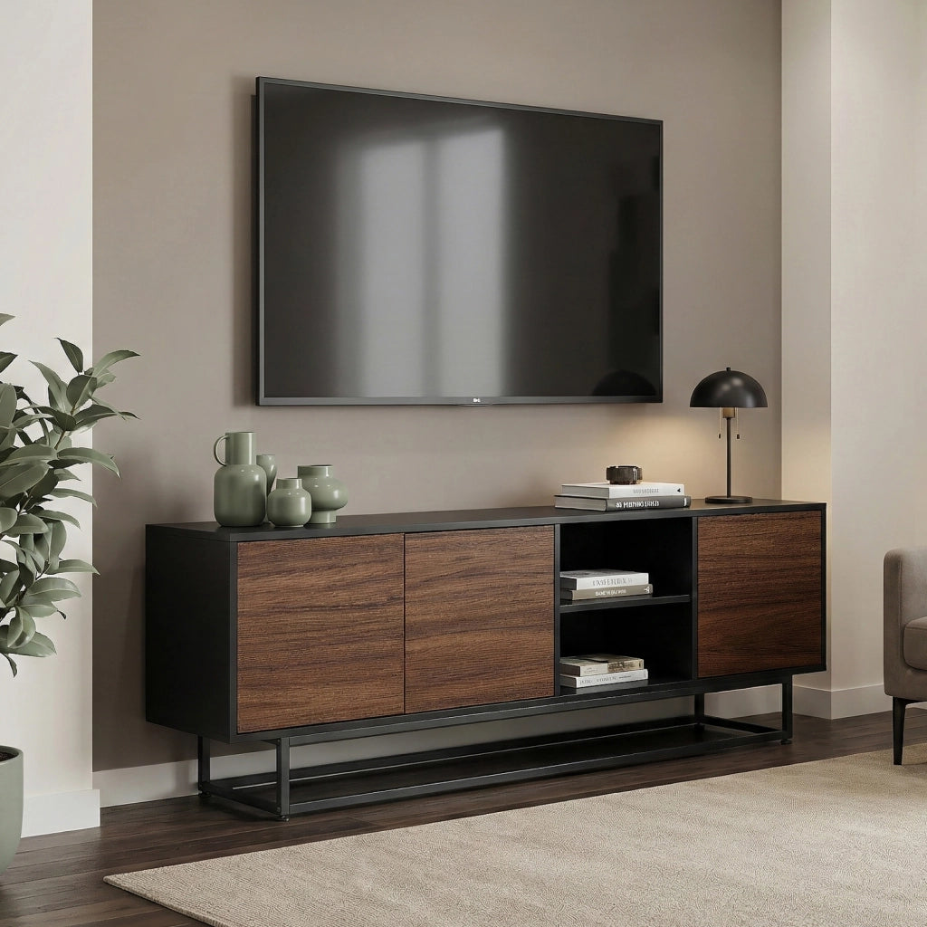 Armadietto Boxholm Credenza Bassa con 3 Ante Push-Open e 2 Vani Aperti 160x30x57 cm Nero / Effetto Noce [en.casa]