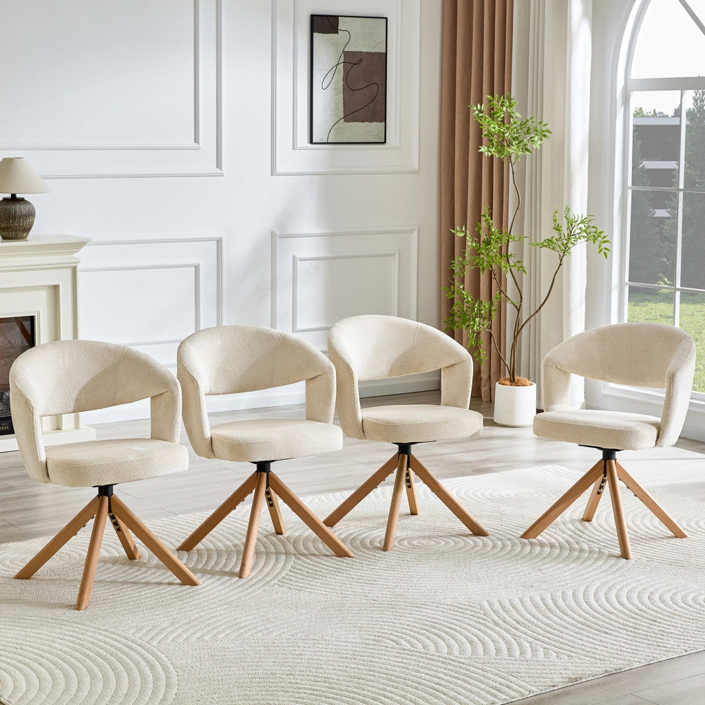 Sedia da Pranzo Set da 2 Girevole con Schienale Ergonomico e Rotazione Silenziosa, in Tessuto e Legno Massello Bianco, Legno